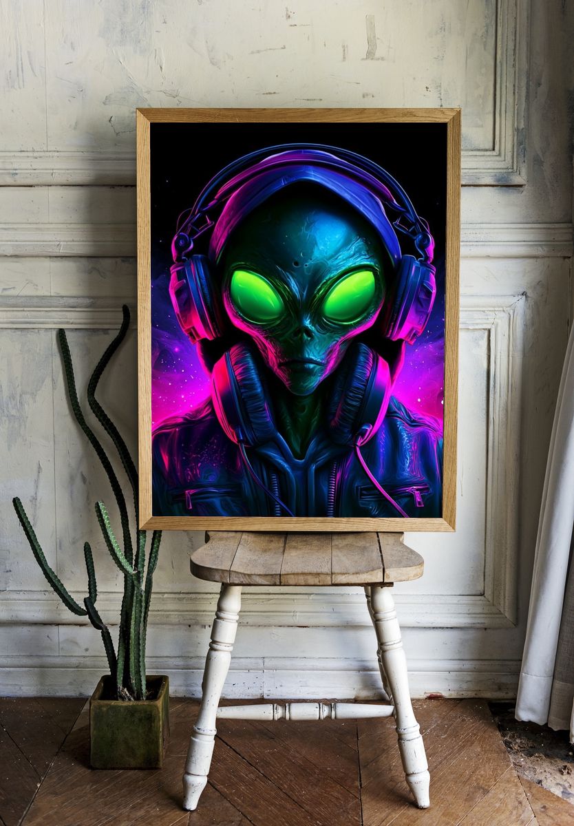 Neon Alien DJ Illustration Poster. — room view 1