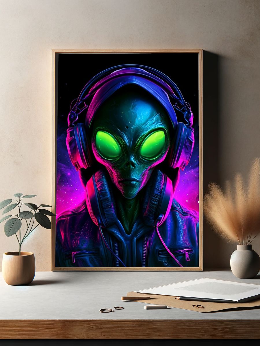 Neon Alien DJ Illustration Poster. — room view 2