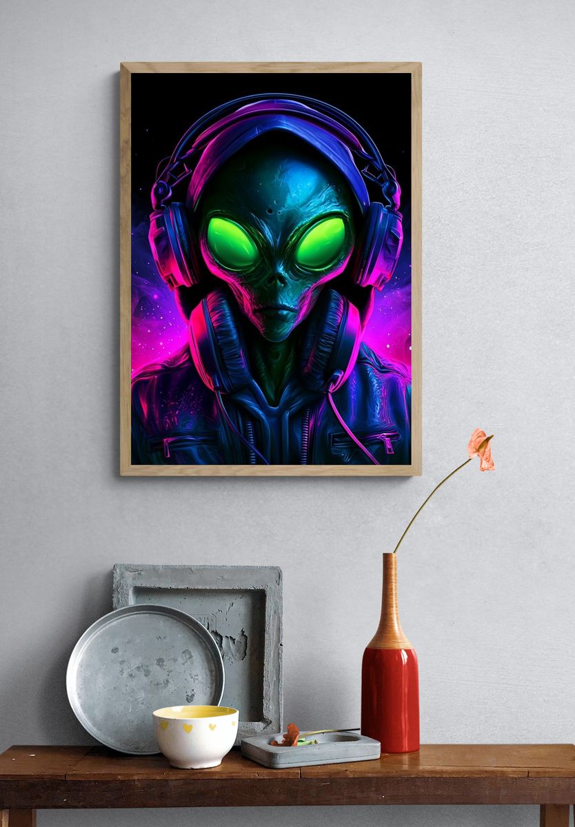 Neon Alien DJ Illustration Poster. — room view 3