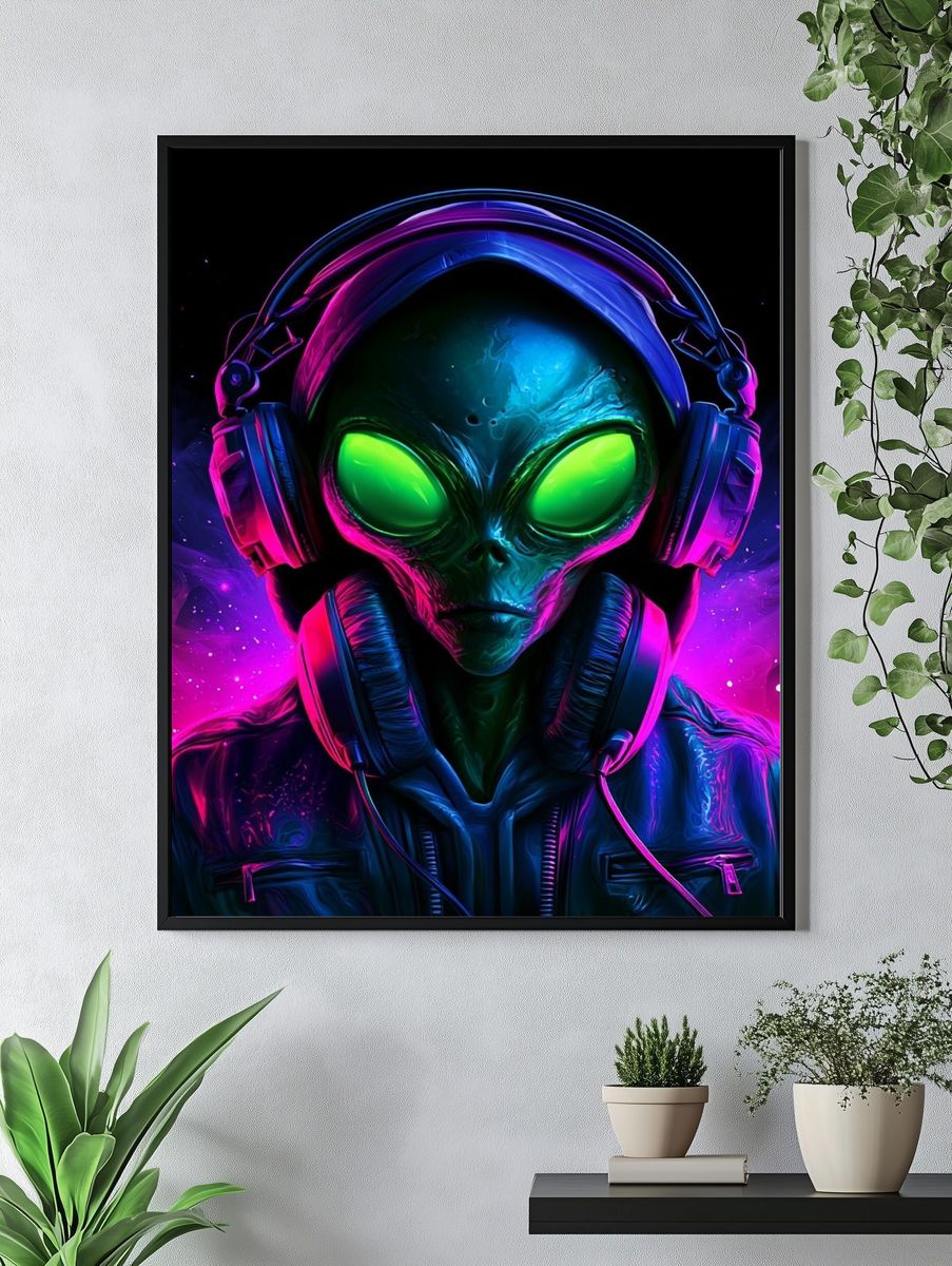 Neon Alien DJ Illustration Poster. — room view 4