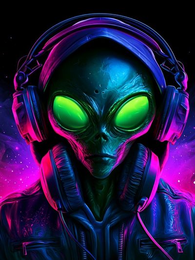 Neon Alien DJ Illustration Poster. poster