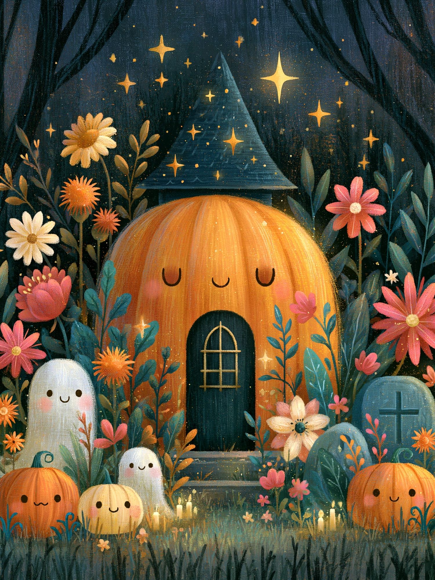 Whimsical Pumpkin Cottage Print. poster detail