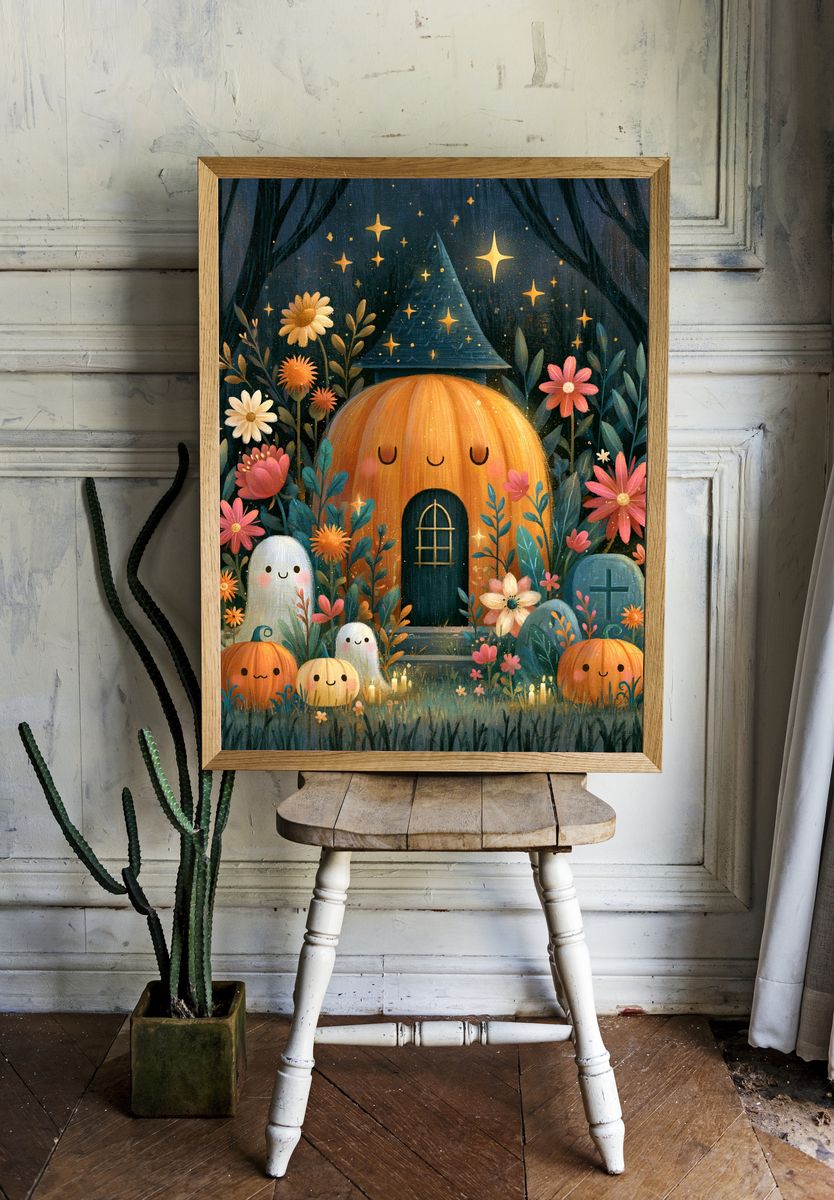 Whimsical Pumpkin Cottage Print. room preview