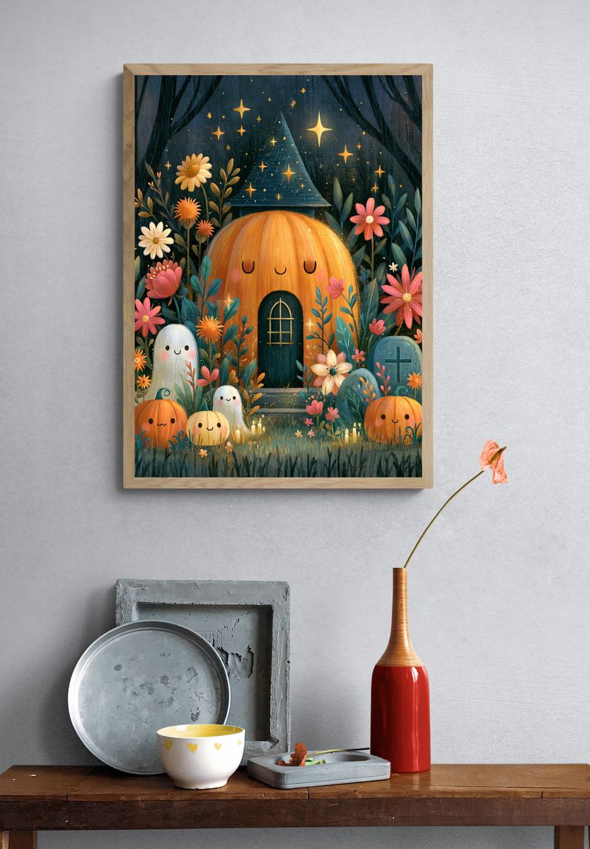 Whimsical Pumpkin Cottage Print. — room view 3