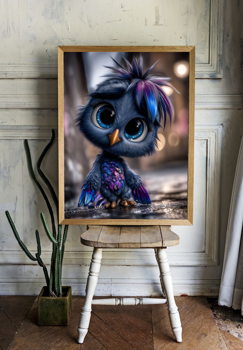 Cute Neon Bird Illustration Poster. — room view 1