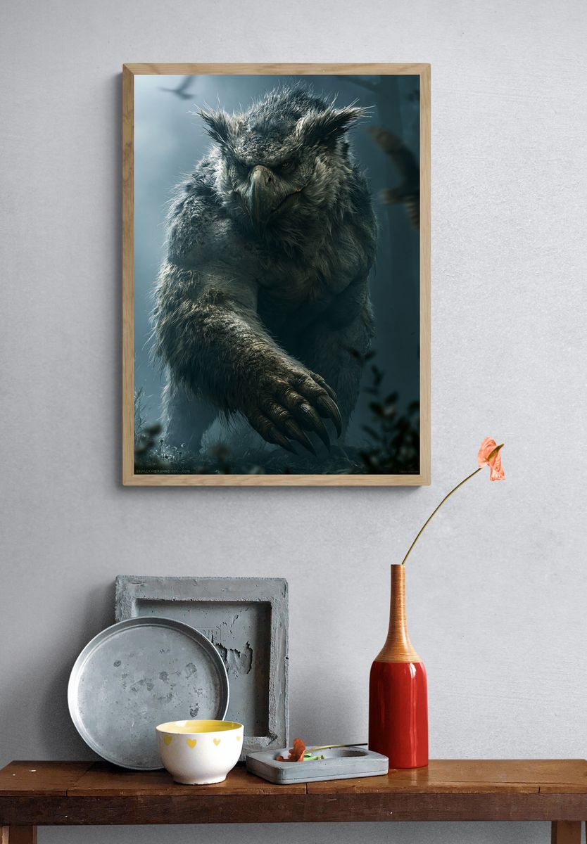 Grim Owl Beast Illustration Poster. — room view 3