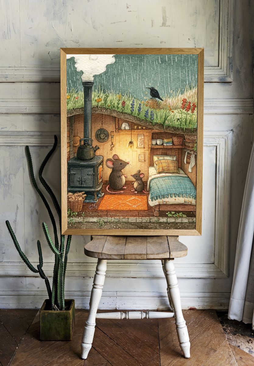 Cozy Mouse Burrow Watercolor Print room preview