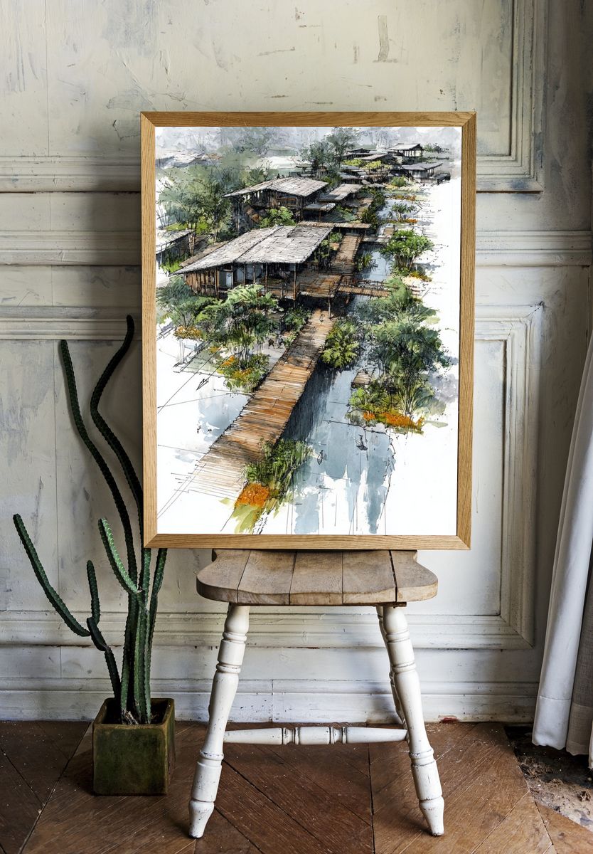 Tropical Boardwalk Watercolor Print. room preview