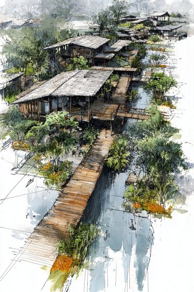 Tropical Boardwalk Watercolor Print. poster
