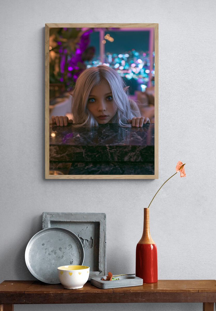 Elf Girl Neon Portrait Poster. — room view 3