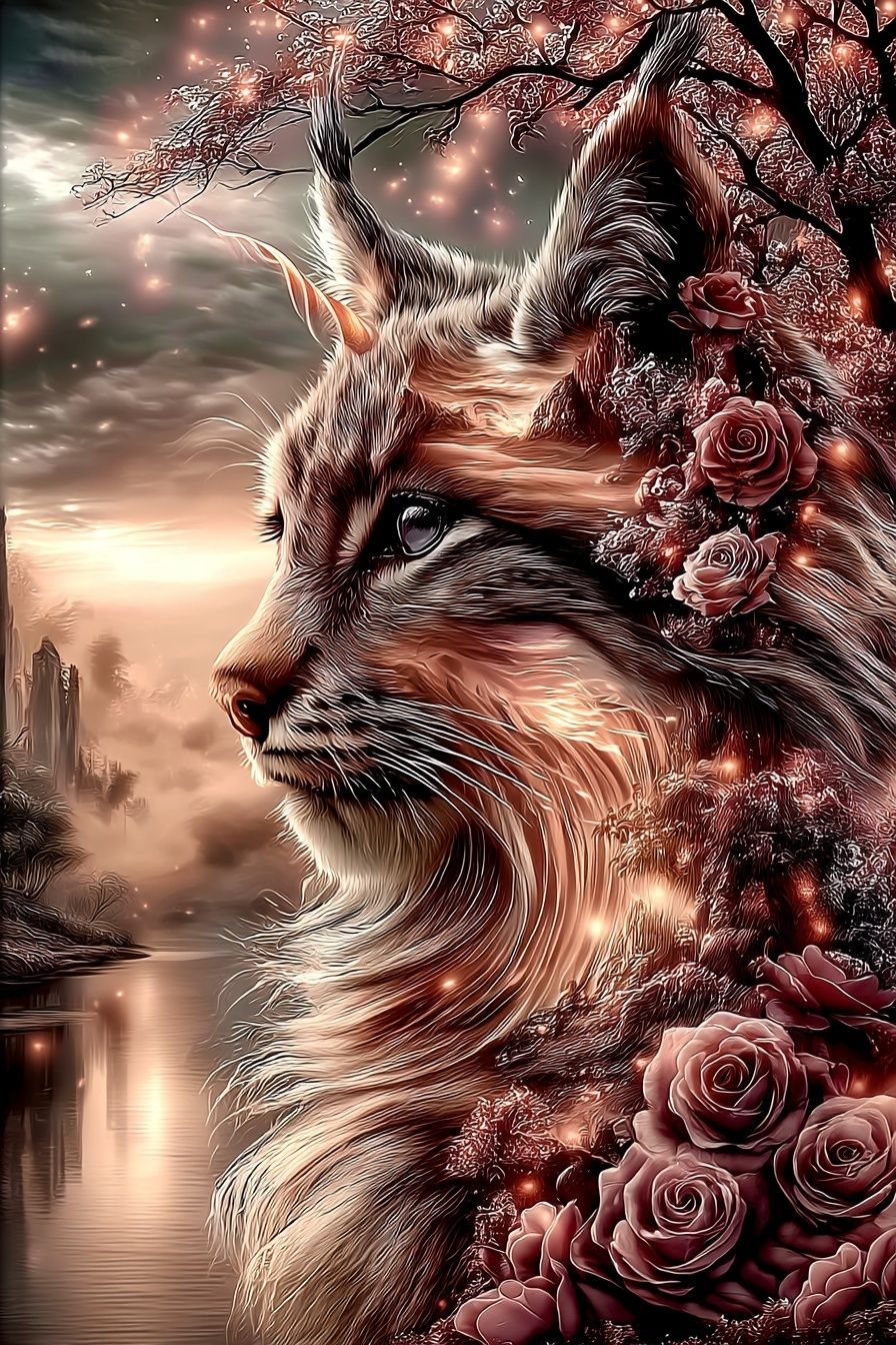 Mystic Cat and Roses Illustration Poster. poster detail