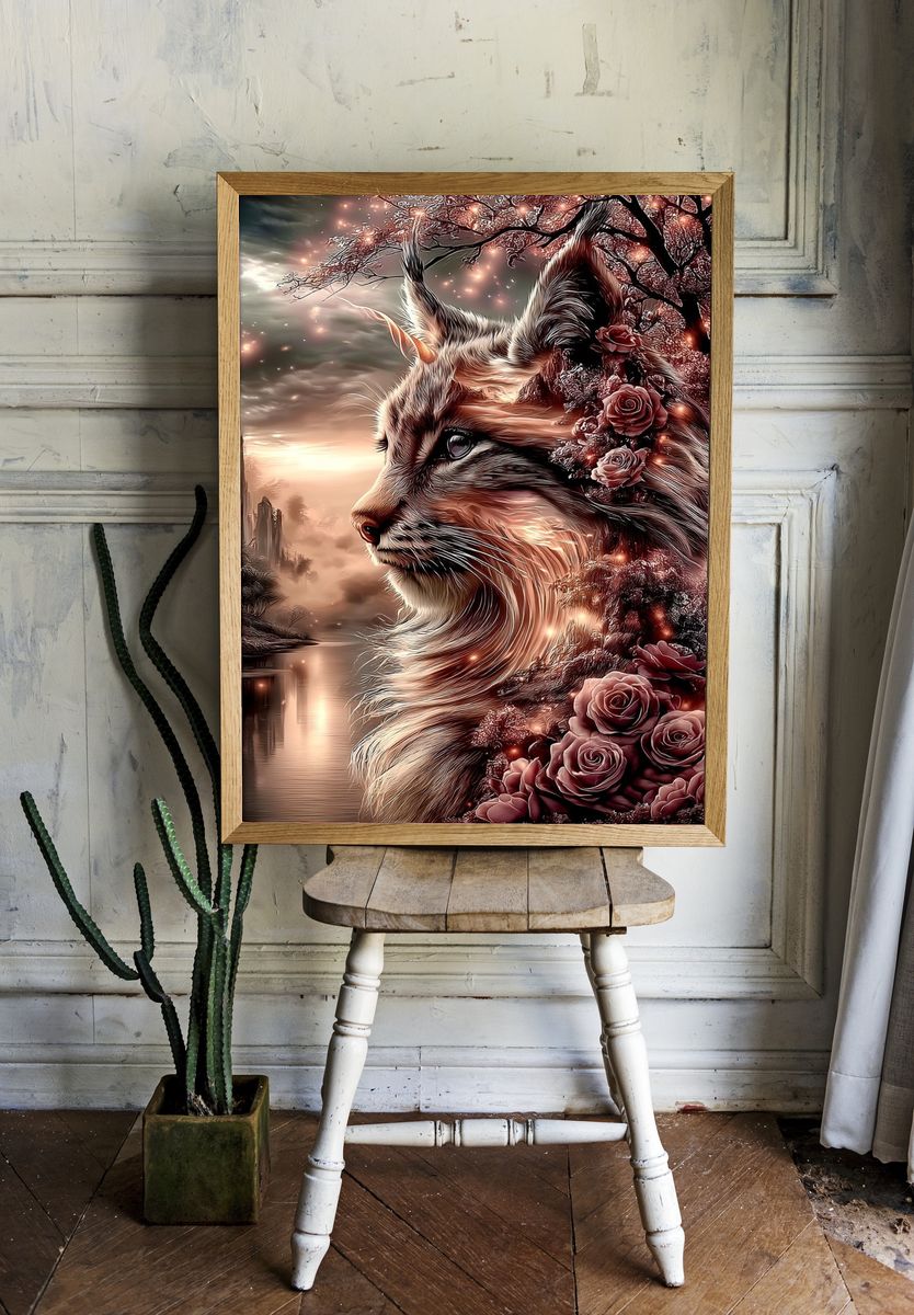 Mystic Cat and Roses Illustration Poster. — room view 1