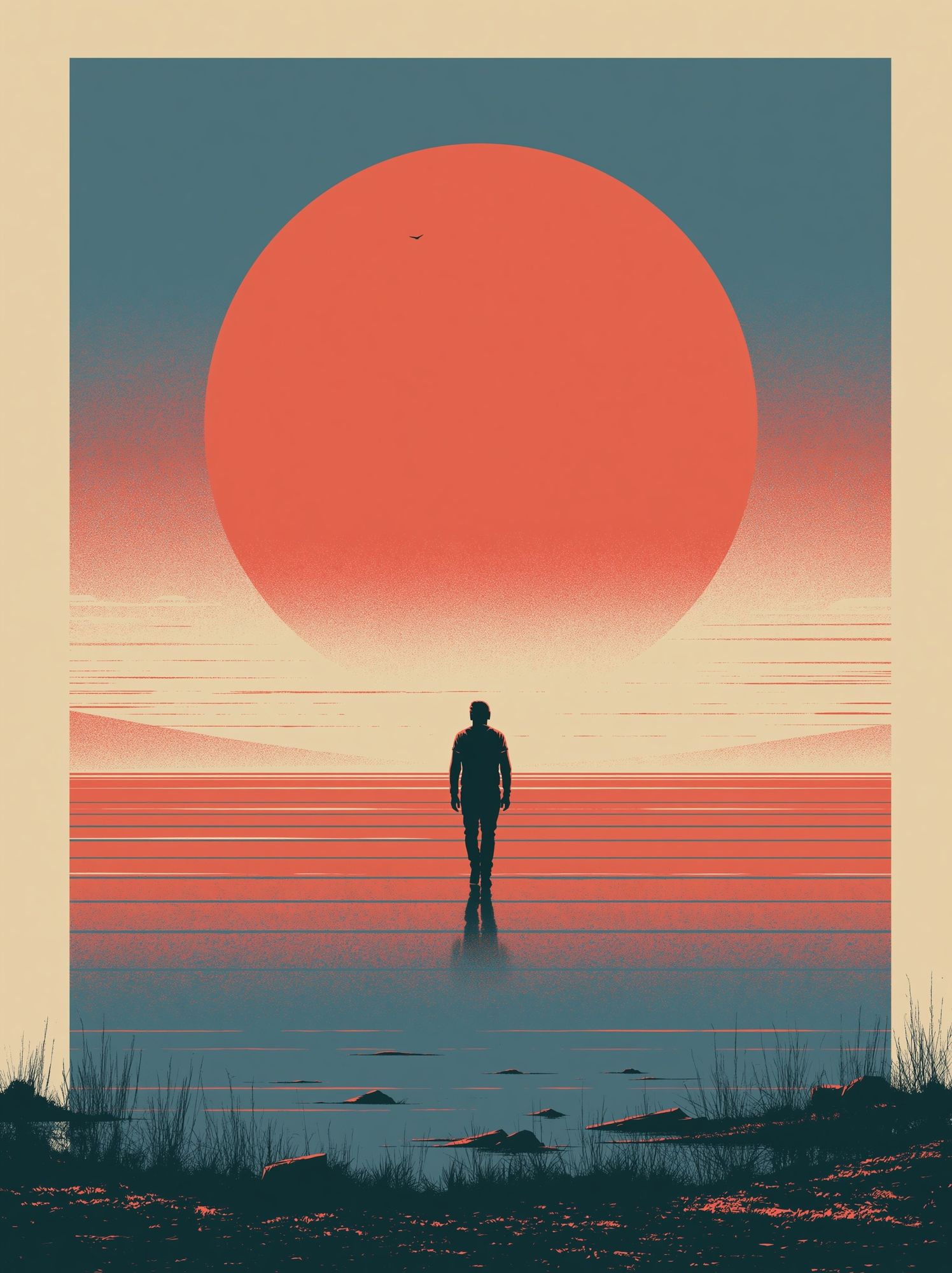 Solitary Figure Sunset Print. poster — illustration art
