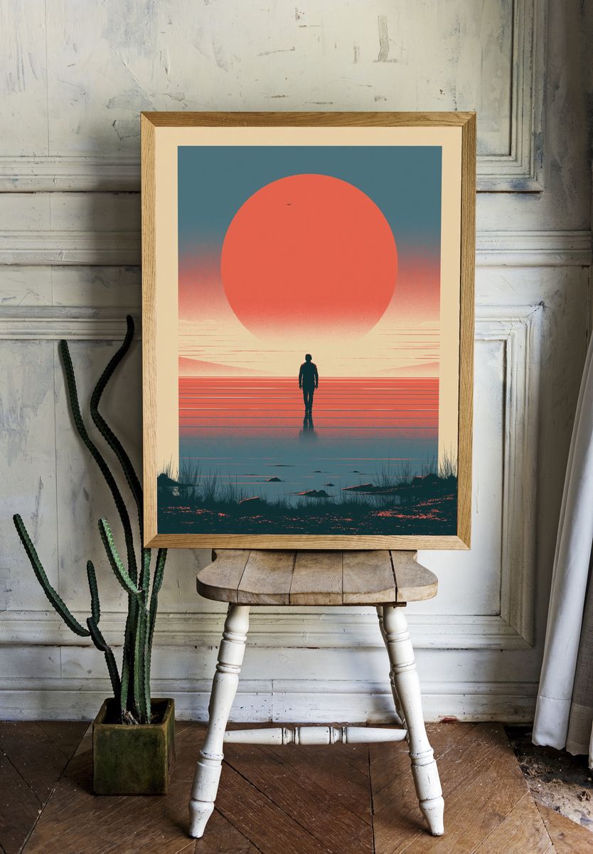 Solitary Figure Sunset Print. room preview