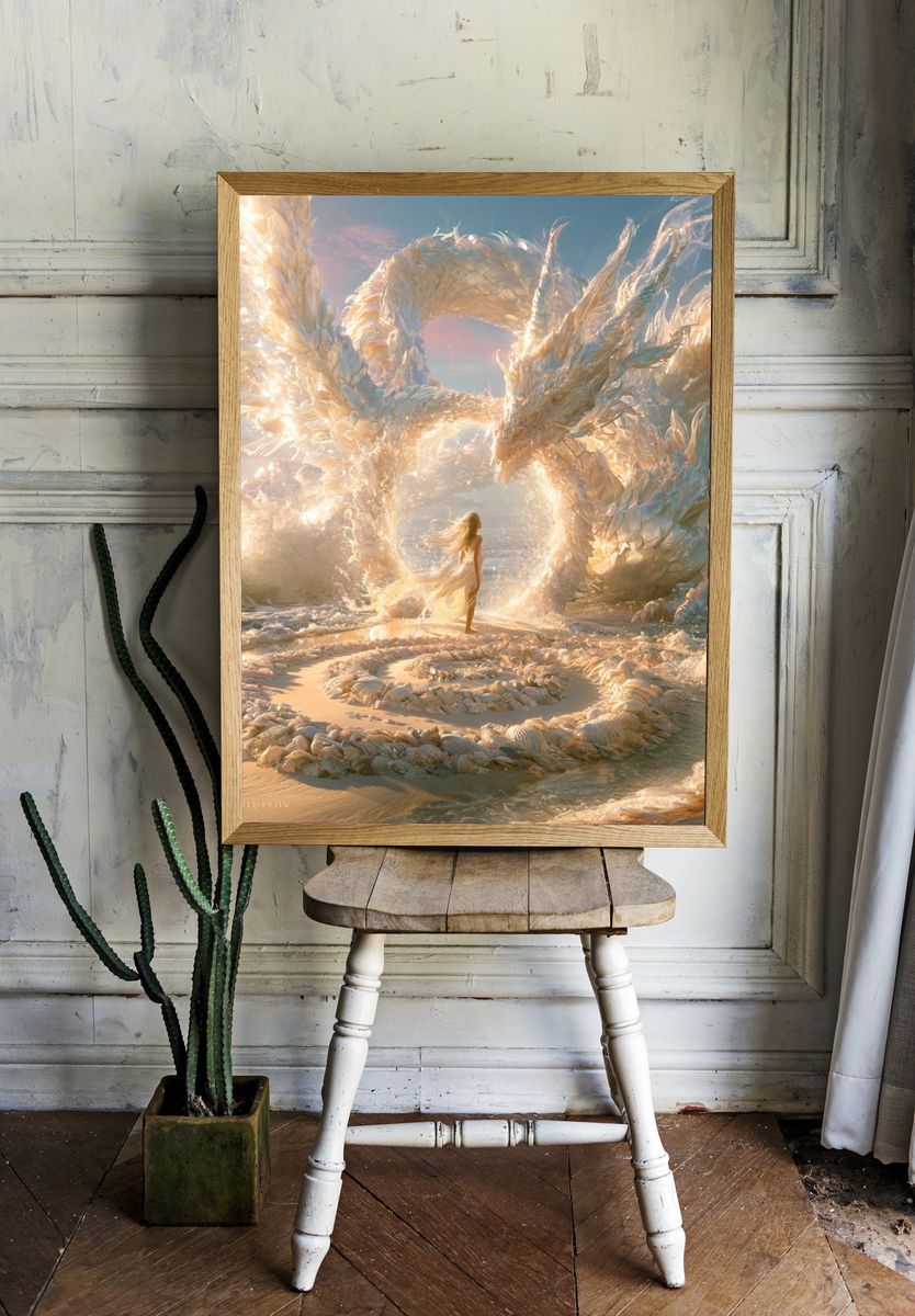 Dragon and Woman Fantasy Print. — room view 1