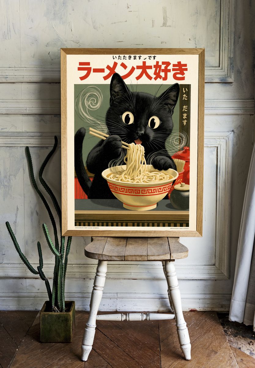 Black Cat Ramen — Vintage Print. room preview