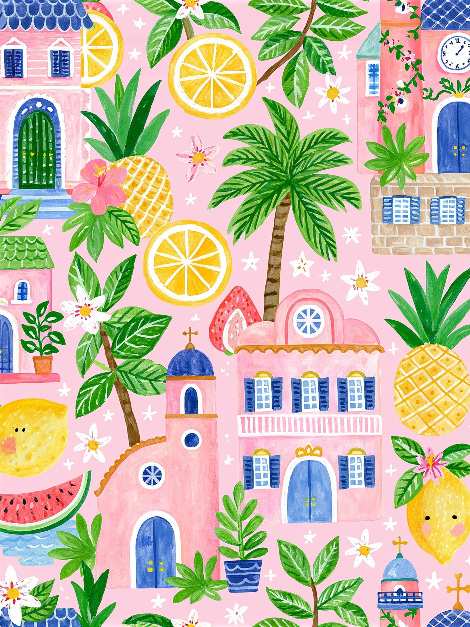Tropical Village Watercolor Print. poster detail
