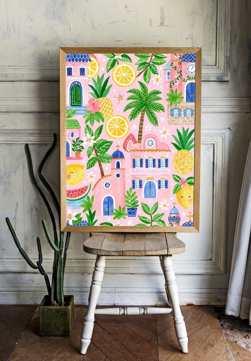 Tropical Village Watercolor Print. — room view 1