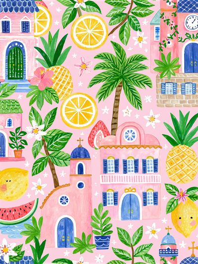 Tropical Village Watercolor Print. poster print