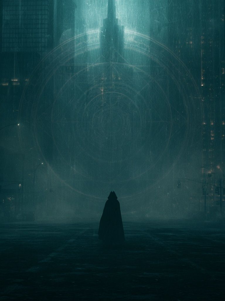 Cloaked Figure in Neon City Print. poster — illustration art
