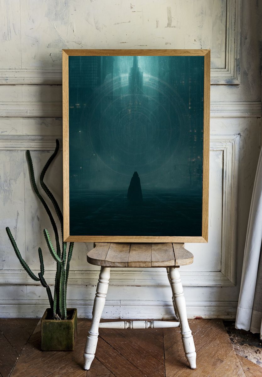 Cloaked Figure in Neon City Print. room preview