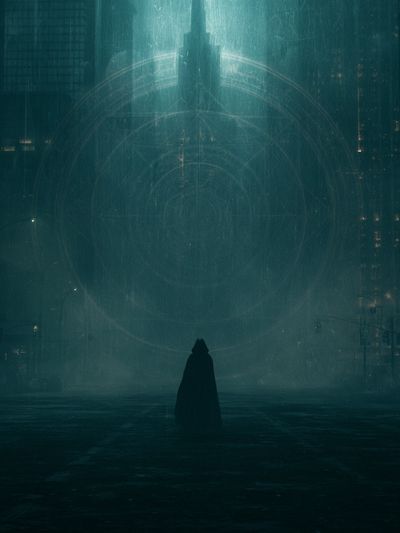Cloaked Figure in Neon City Print. poster