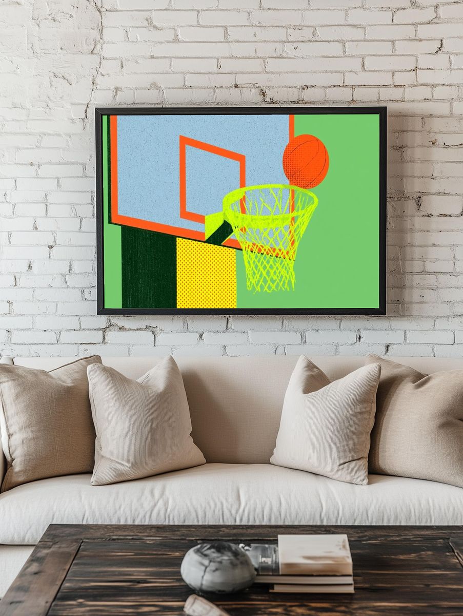 Neon Basketball Hoop Illustration Poster. room preview