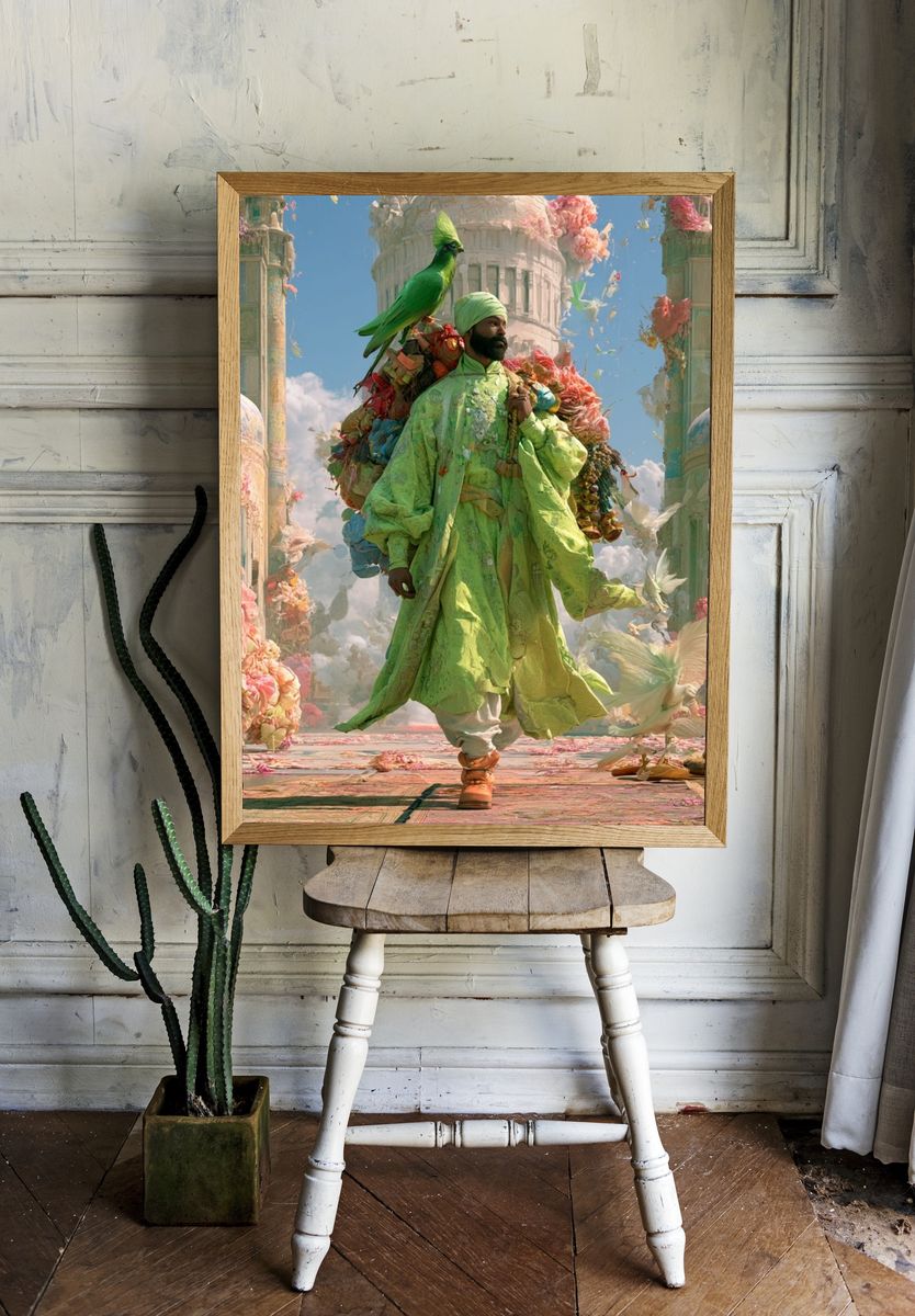 Surreal Green Figure Illustration Print. room preview