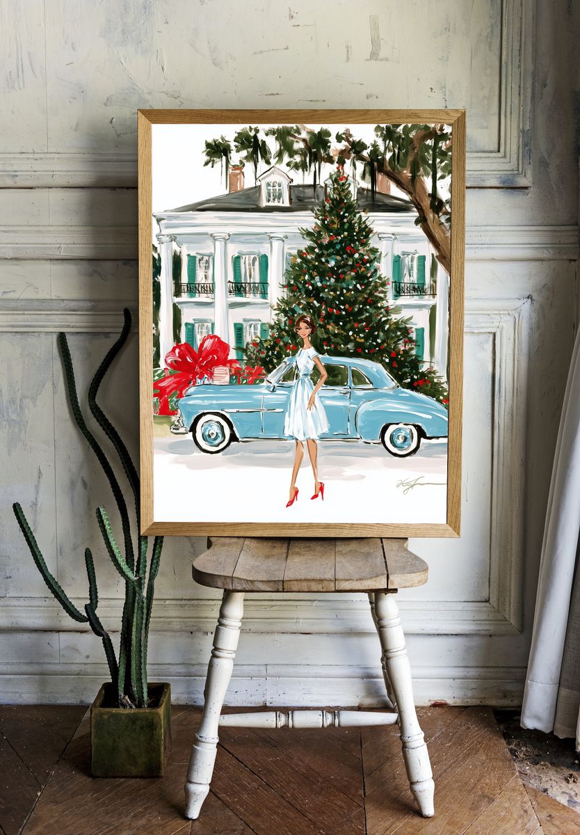 Holiday House and Classic Car Print. — room view 1