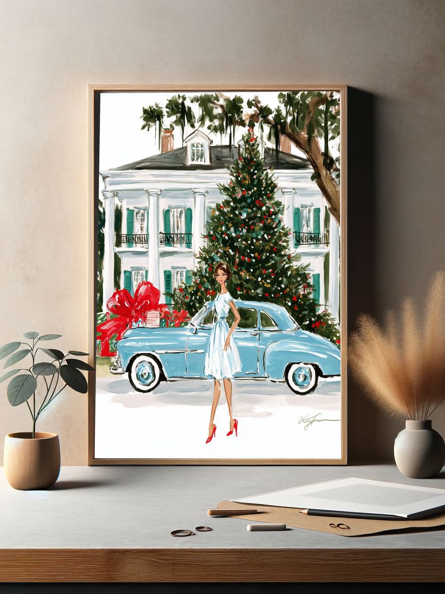 Holiday House and Classic Car Print. — room view 2