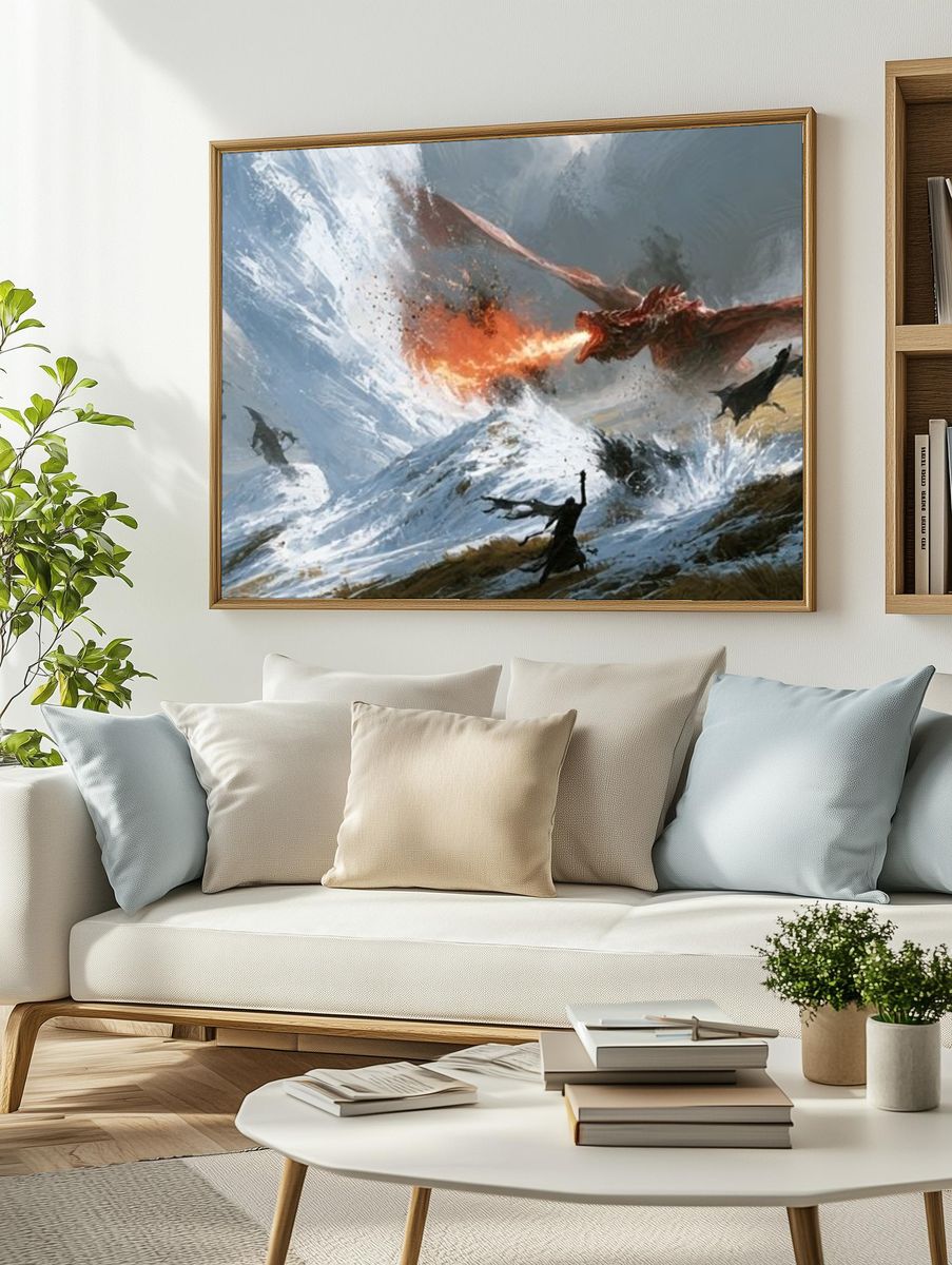 Dragon Battle Fantasy Illustration Poster. — room view 2