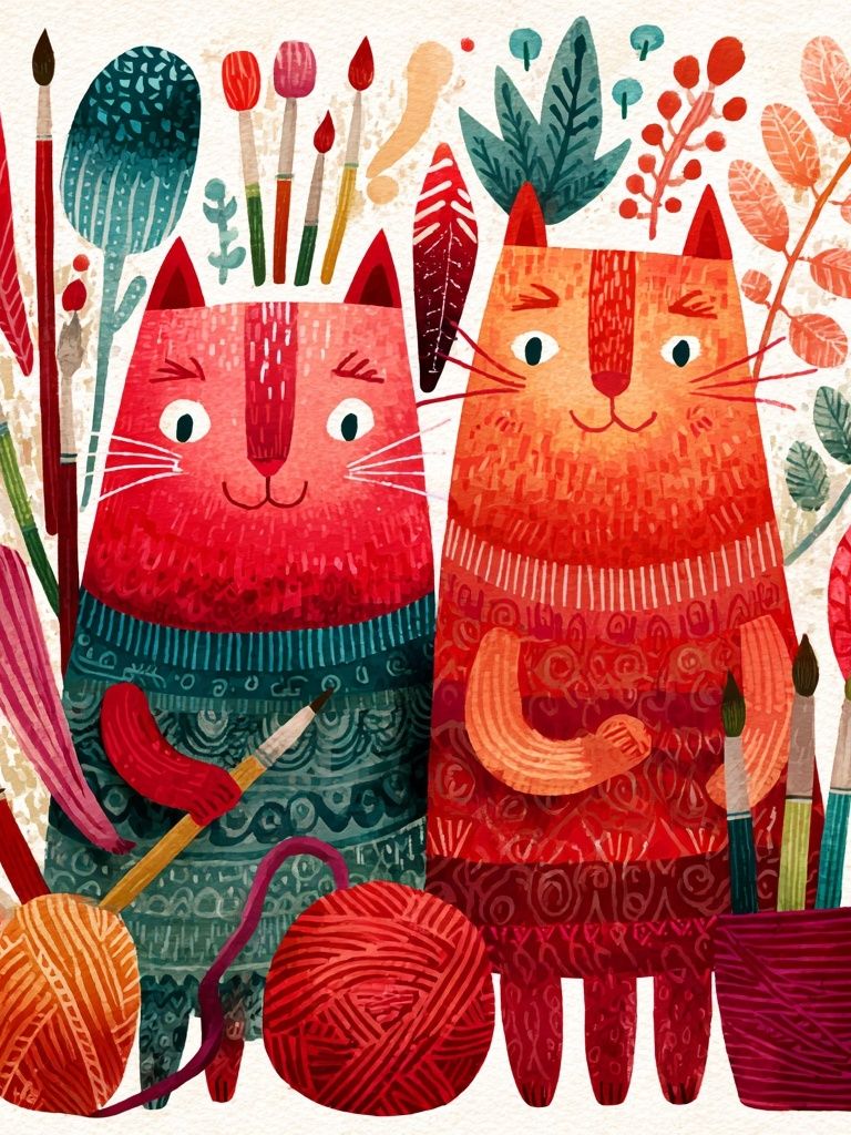 Playful Cats Botanical Illustration Poster. poster — illustration art