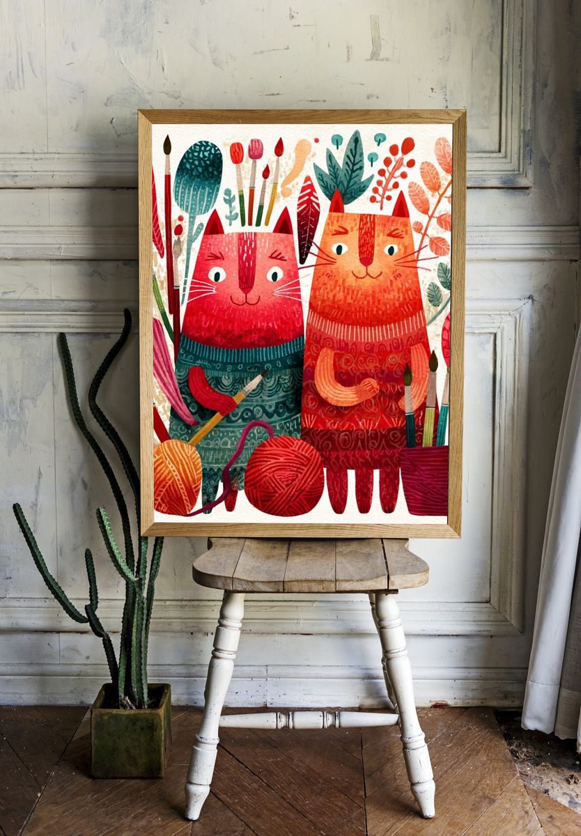 Playful Cats Botanical Illustration Poster room preview