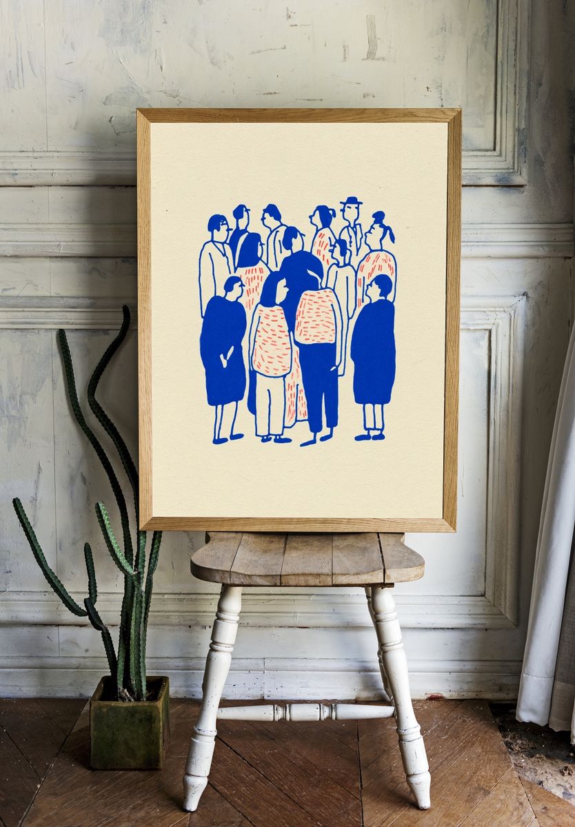 Crowd in Blue Illustration Poster. room preview