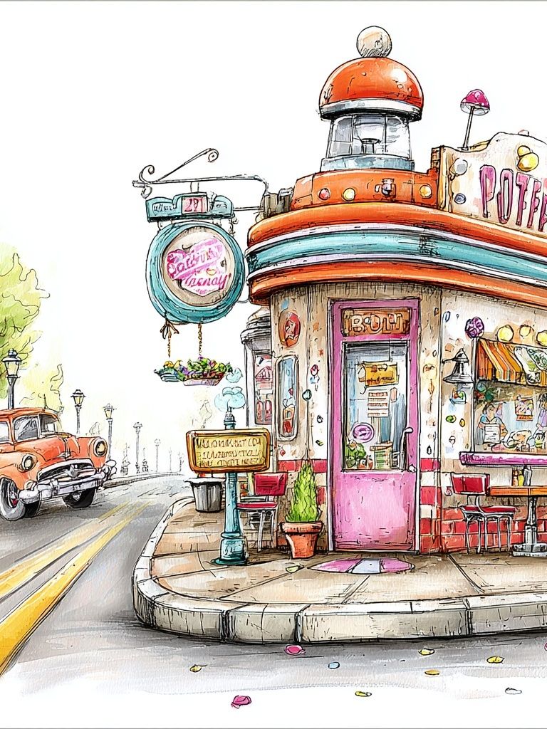 Retro Diner Street Scene Illustration Poster. poster detail