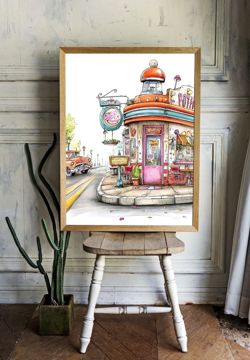 Retro Diner Street Scene Illustration Poster. room preview