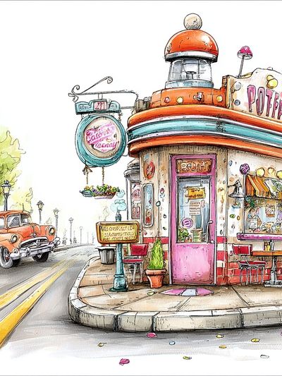 Retro Diner Street Scene Illustration Poster. poster print