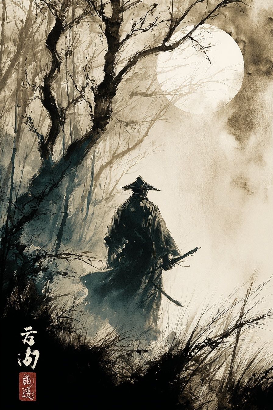 Samurai Moonlit Forest Print. poster — illustration art