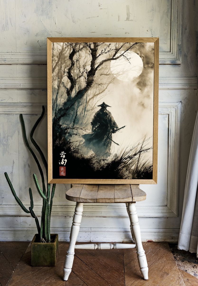Samurai Moonlit Forest Print room preview