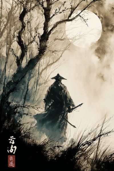 Samurai Moonlit Forest Print. poster