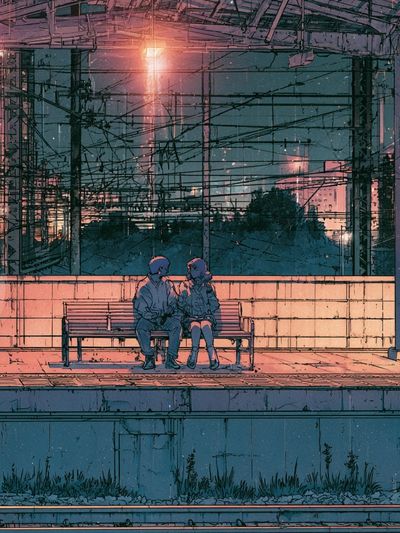 Train Platform Couple Illustration Poster. poster