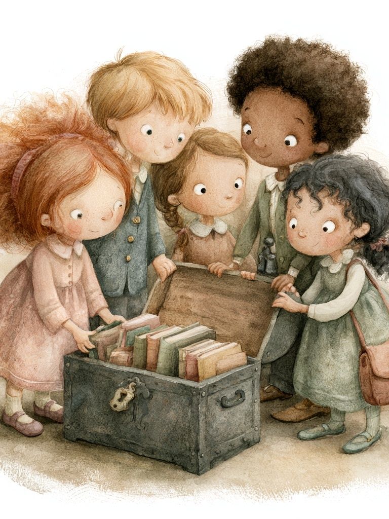 Children Discovering Books Illustration Poster. poster detail