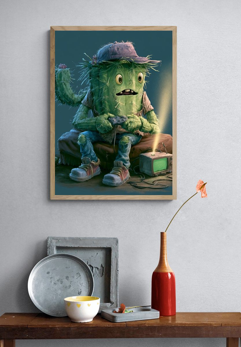 Cactus Gamer Illustration Poster. — room view 3