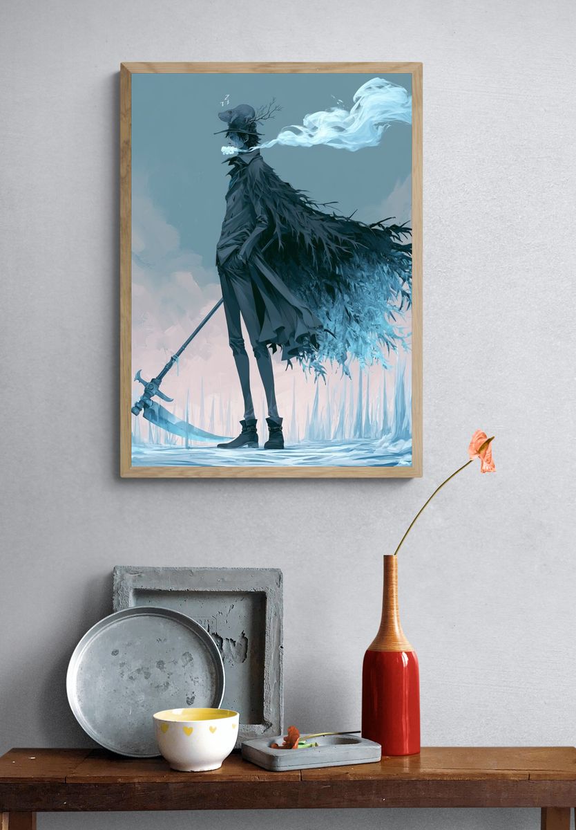 Dreamlike Scythe Figure Illustration Poster. — room view 3