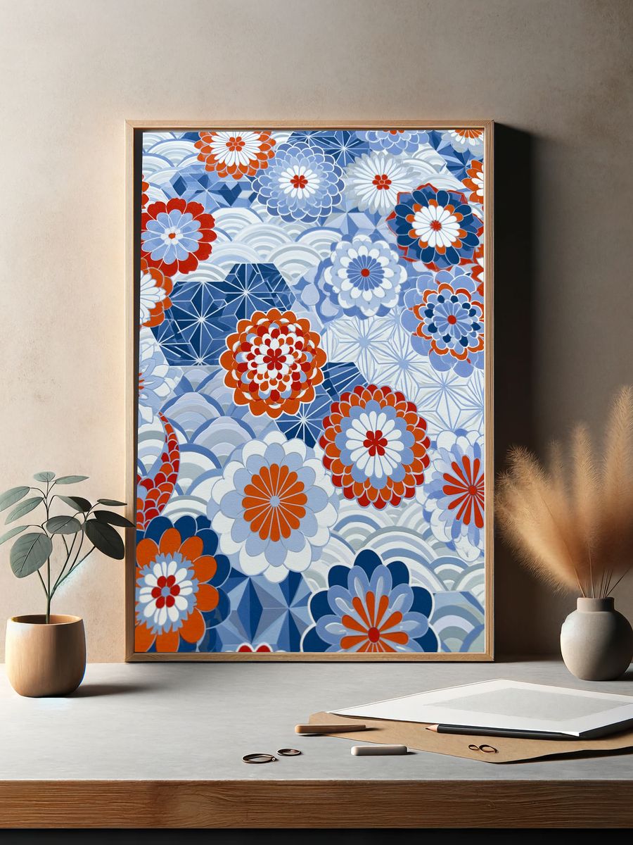Blue Floral Pattern Illustration Poster. — room view 2