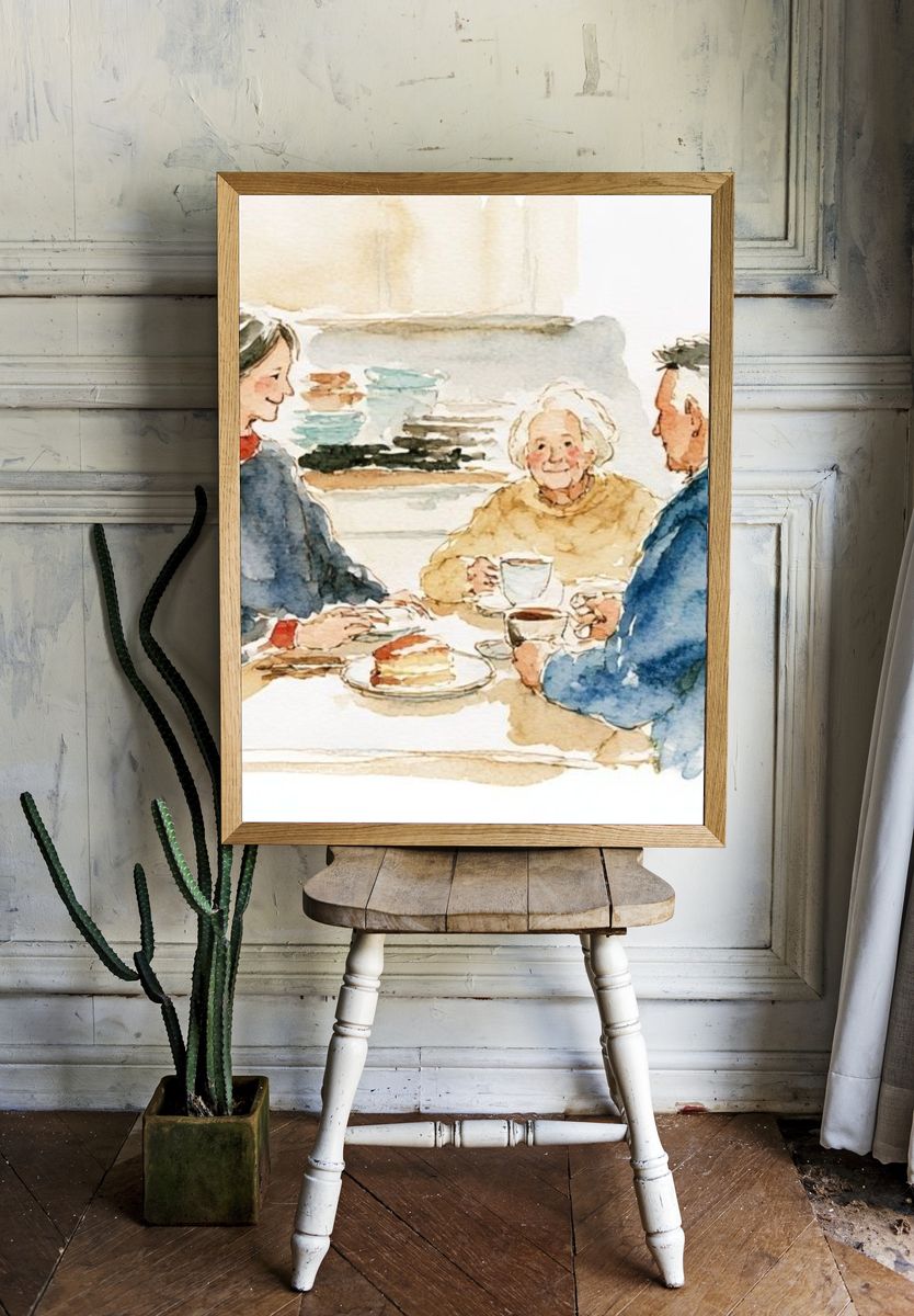 Family Tea Time Watercolor Poster. room preview