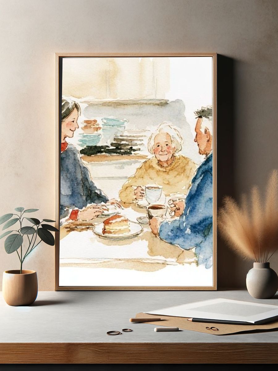 Family Tea Time Watercolor Poster. — room view 2