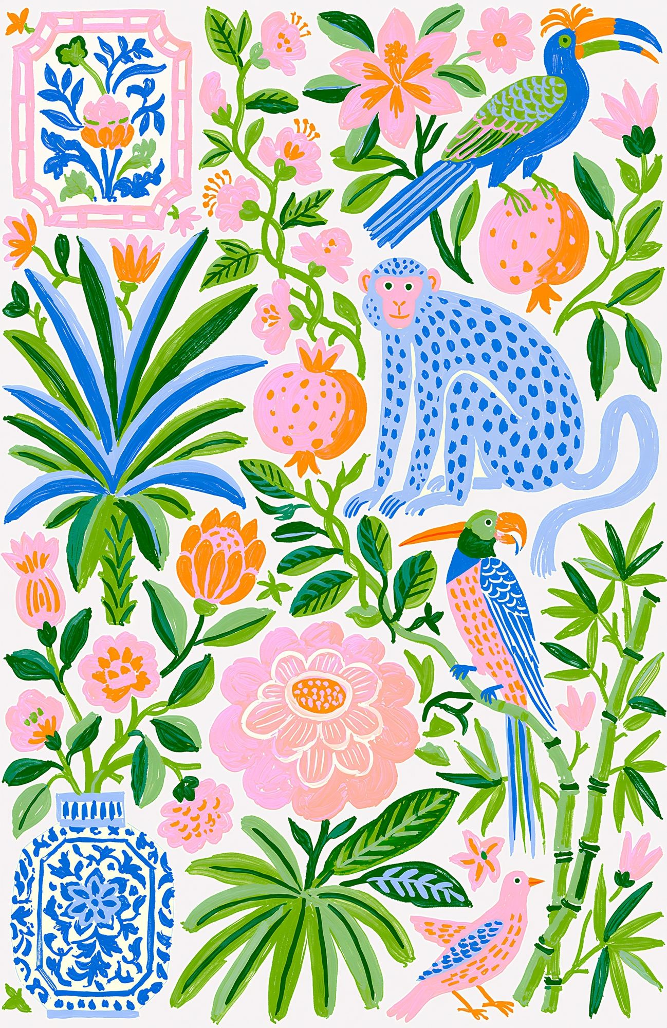 Tropical Birds and Blooms Illustration Poster. poster detail