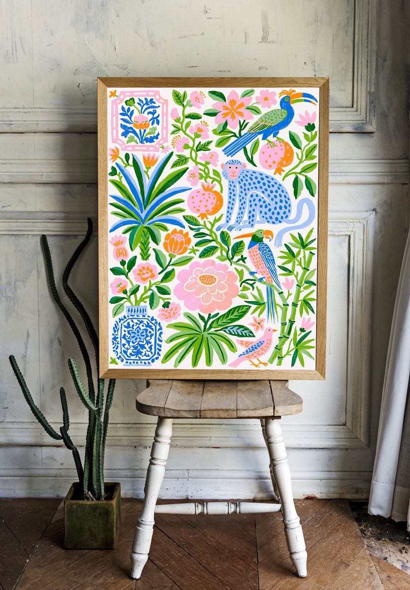 Tropical Birds and Blooms Illustration Poster. — room view 1