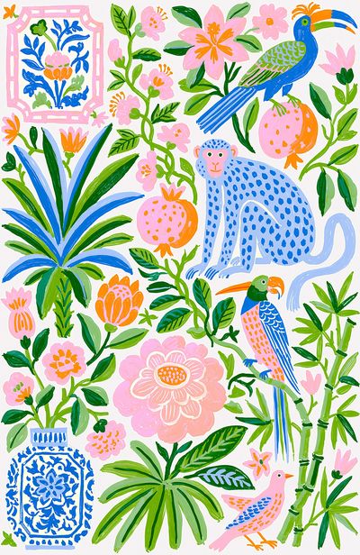 Tropical Birds and Blooms Illustration Poster. poster